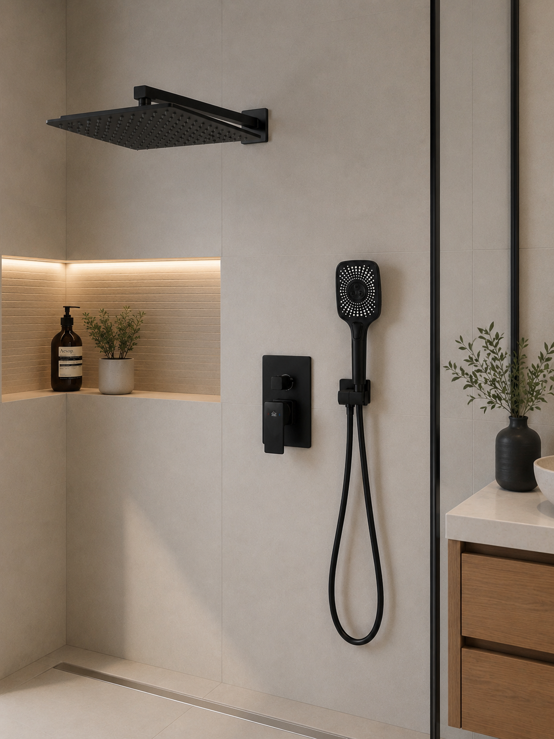 Matte Black Concealed Rainfall Shower System