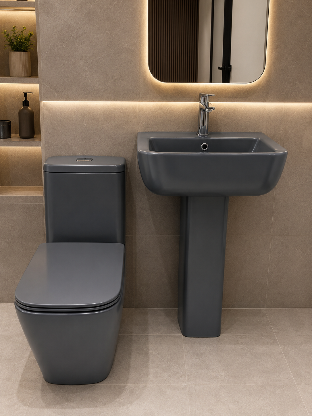 Luxury Matte Grey WC & Pedestal Basin Set