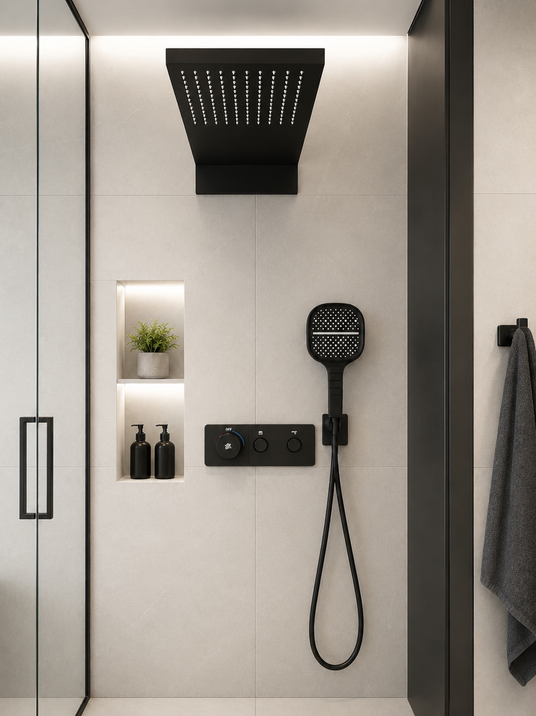 Square Head Matte Black Concealed Thermostatic Shower System