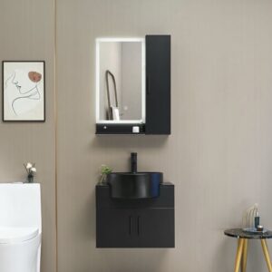Modern Matte Black Bathroom Vanity Set with LED Mirror Cabinet