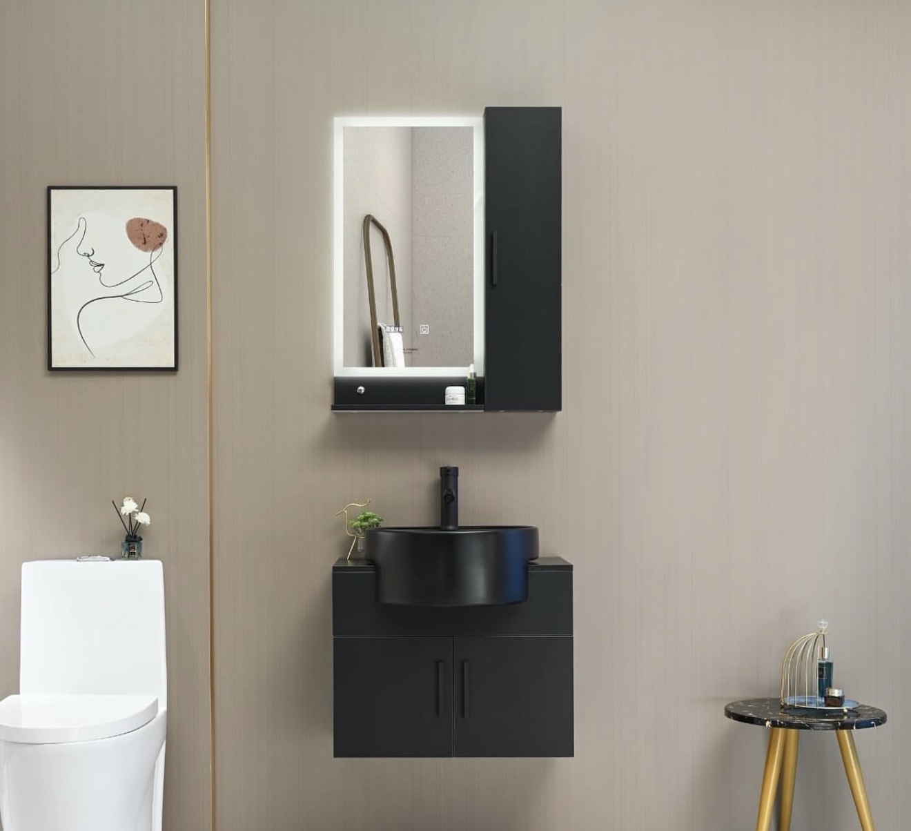 Modern Matte Black Bathroom Vanity Set with LED Mirror Cabinet